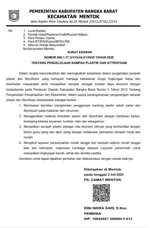 Surat Edaran Plt. Camat Mentok nomor : 600.1.17.3/1/19.04.01/2025 Tahun 2025